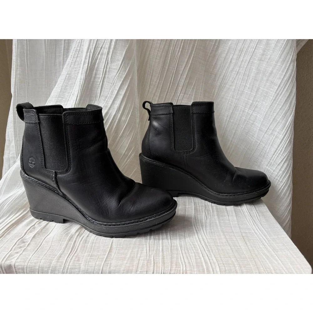 Timberland Defender Women's Black Leather Chelsea Ankle Wedge Boots US 8.5